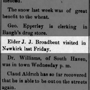 1897-12-10 Elder J J Broadbent visited in Newkirk ref living in HUNNEWELL REPORTER KS Fri. p1