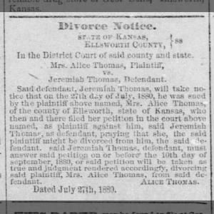 Divorce Notice..."Mrs. Alice Thomas ...vs. Jeremiah Thomas..."