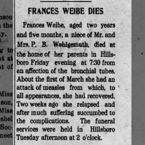 Weibe, Frances - death 1912