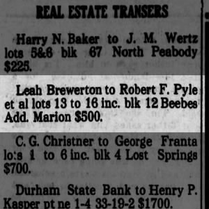 Robert F Pyle bought lot in Marion