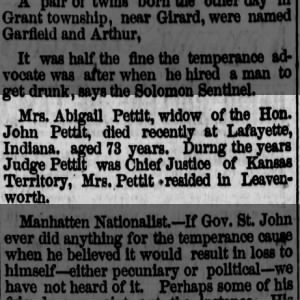 Mrs. Abigail Pettit widow of Hon. John Pettit died 73 yrs. Kansas