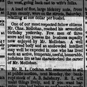 Charles Mollohan celebrates 70th birthday (Nov 1880) - repub in Peabody Reporter