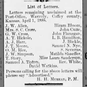 Unclaimed letter for Samuel N. Nye in post office in Waverly, Coffey Co.  KS, May 1, 1884