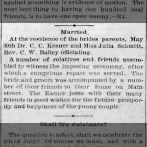 1888 CC Kesner and Julia Schmitt marry