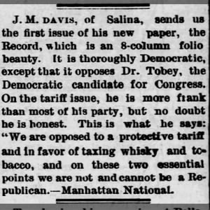 Salina Record appears to be a new paper in 1888?