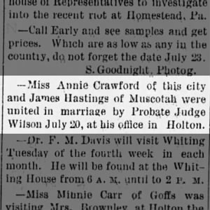 1892 07 23 Annie Crawford and James Hastings married