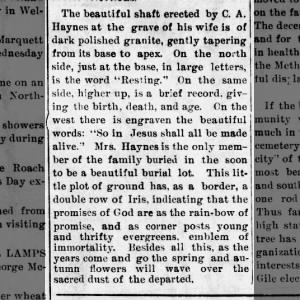 Laura A Byram Haynes (1853-1899) - Gravestone Description