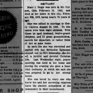 Mary J Paige Cochren wife of Henry Nobel Cochren obituary