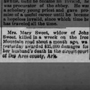 Mary Sweet  court award for husband Johns death