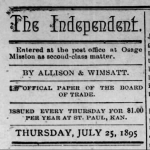 "The Independent" - masthead from the Thursday, 25 July 1895 issue.  Based in Osage Mission, Kansas.