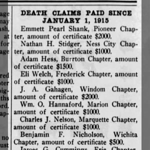 Nicholson, Benjamin F., death claim paid