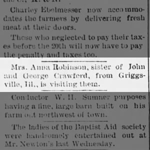 1888 06 22 Anna Robinson visiting her brothers Crawford