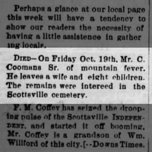 Mr. C. Coomans, Sr. dies 27 Oct 1888 Scottsville Independent  Scottsville, KS 