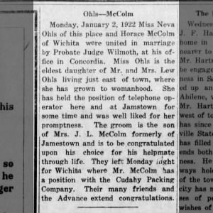 Marriage of Neva Ohls and Horace McColm