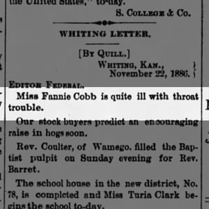 1886 11 25 Fannie Cobb ill