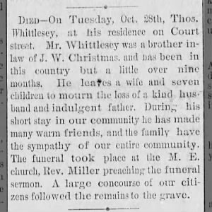 Thomas Whittlesey obituary 1884