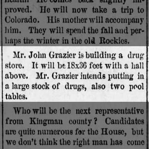 Mr John Grazier Builds a Drug Store in Belmont, KS 1886