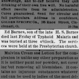 Ed Barnes death Sept 1890