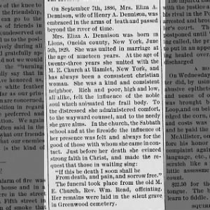 Eliza Dennison Obit 16 Sep 1886