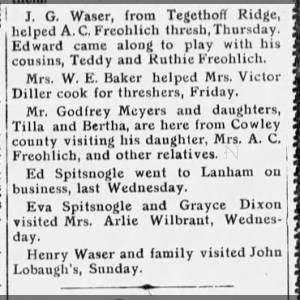 J G Waser Helped A C Freohlich Thresh - July 1914, Washington County, Kansas