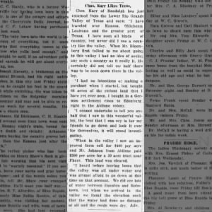 The News Cleburne, Kansas · Thursday, October 30, 1913 Karr Likes Texas