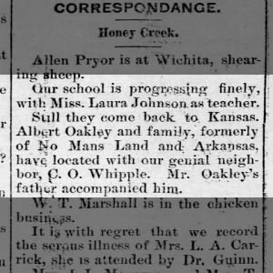 18-May-1889 - A.J. Oakley & family, plus John B. Oakley return from No Man's Land - Oklahoma