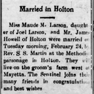 Marriage of Maude M. Larson & James Howell