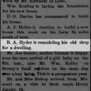 Hyder, B A Emporia Daily Democrat, Emporia, Lyon County, Kansas, 13 August 1889, page 4, column 3