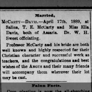 Ella Davis T.E. McCarty Marriage, Assaria Argus, fri. Apr 19, 1889, p 4 col