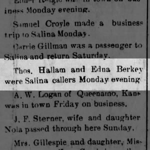 Newspaper mention Thomas Hallam and Edna