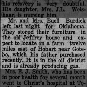 Buell and Mary (Oursler) Burdick relocate to Oklahoma, 1917