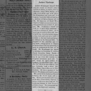 Obituary for Andrew Humbarger, 1868-1914