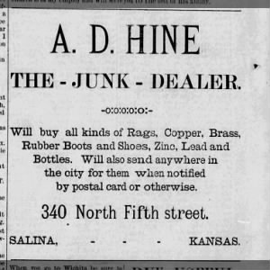 Woman's Mission Star 13 Dec 1889 ad AD Hine Junk Dealer