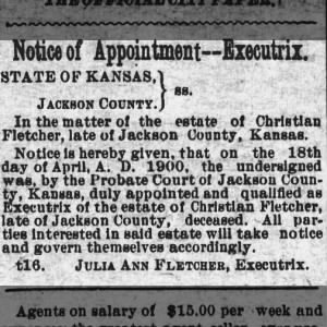 Christian C Fletcher probate court 1900 Kansas