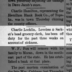 Charlie out of work due to illness, The Central Advocate, 11/26/1890