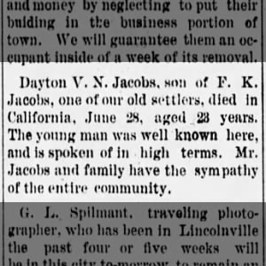 Jacobs, Dayton obit The Lost Springs Courier (Lost Springs, Kansas July 12, 1889