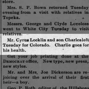 Cyrus (aka Silas) and Charles leaves for CO. Marion County Democrat, 05/12/1892