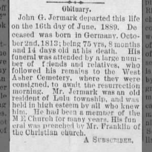John G. Jermark obit  28 June 1889 
Tri-County News  Scottsville, KS 