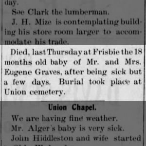 1899.07.20 Monticello News, 18 month old child of Eugene Graves Death, Olathe News-Herald