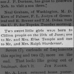 Birth of 2 baby girls on 29 July 1892: one to Mr. and Mrs. Elias Temple & Mr. and Mrs. Sturdevant 