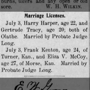 Marriage Frank Kenton and Eliza McCoy