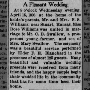 Rose Williams and CB Swallow marriage announcement, 23 Apr 1908, Smith Center KS County Messenger