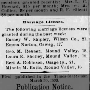 Marriage License - Renner and Shelley 1893