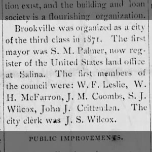 J.M. Coombs - Listed as member of First Brookville City Council