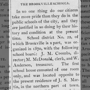 J.M. Coombs - Director of Brookville School Board in 1870