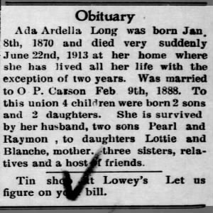 Obituary for Ada Ardella Long, 1870-1913