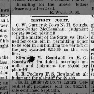 Elizabeth Jane Cave Mitchell Boardwell sues E G Boardwell for annulment of fraudulent marriage. 