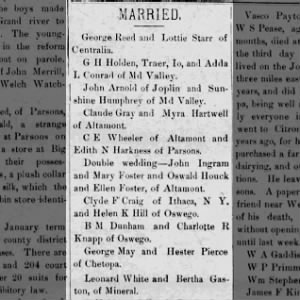 Married Leonard White and Bertha Gaston. Chetopa Clipper (Chetopa, Kansas) 12 Jan 1916 Page 8