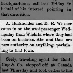 Abram Burkholder on train from Wichita to Canada, KS where they had been on business  June 1887
