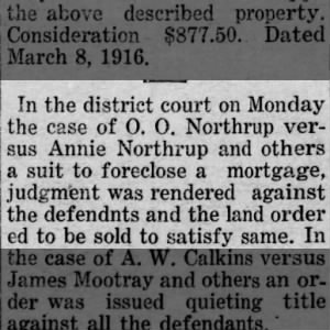Daily Reporter_Mar 28 1916_AO forecloses on Annie Northrup